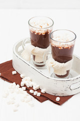 Warm cocoa in glasses with marshmallow, crocahet decorations, brown and beige napkins on white wooden background. Hot chocolate. Sweet drink. Close up photography. Vertical banner