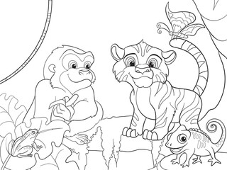 Jungle forest with animals cartoon vector illustration
