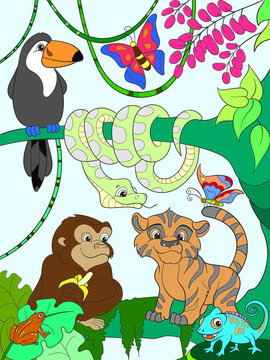 Jungle forest with animals cartoon vector