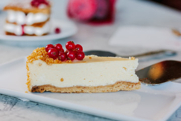 Cheesecake with red currant berries on white plate.