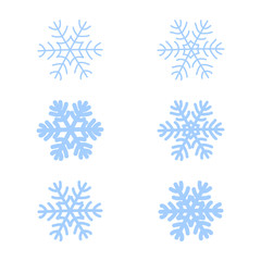 Fototapeta premium Snowflakes signs set. Blue Snowflake icons isolated on white background. Snow flake silhouettes. Symbol of snow, holiday, cold weather, frost. Winter design element. Vector illustration