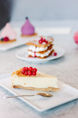 Cheesecake with red currant berries on white plate.