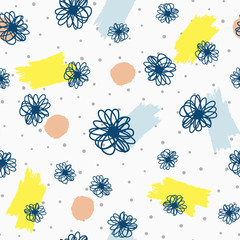 Repeated flowers, brushstrokes, polka dot. Trendy floral seamless pattern. Sketch, grunge, watercolour, doodle. Gray, white, blue, yellow, brown colours.