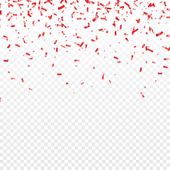 Christmas, Valentines day red confetti on transparent background. Falling shiny confetti glitters. Festive party design elements. - obrazy, fototapety, plakaty