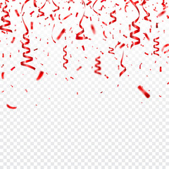 Obraz premium Christmas, Valentines day red confetti with ribbons on transparent background. Falling shiny confetti glitters. Festive party design elements.
