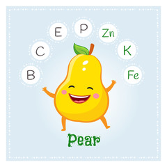 Pear fruit vitamins and minerals. Funny fruit character. Healthy food illustration
