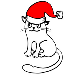 Cute smiling cat in a red Santa hat with pompon for festive Christmas and New Year design, prints, clothes, decorations, patterns, decoupage, wraps gifts. Freehand funny illustration with sitting pet