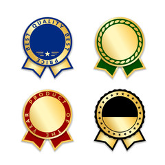 Award ribbons isolated set. Gold design medal, label, badge, certificate. Symbol best sale, price, quality, guarantee or success, achievement. Golden ribbon award decoration. Vector illustration