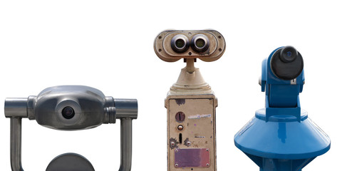 different coin-operated binoculars isolated on white background