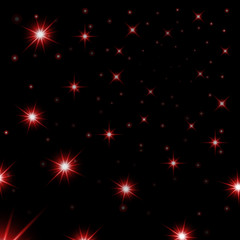 Red stars black night sky background. Abstract light glitter. Fantasy sparkles. Shine christmas texture, magic glow. Bright for holiday card design Vector illustration