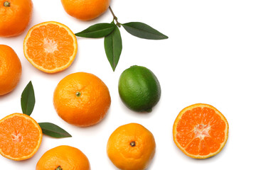 mandarin with slices and green leaf isolated on white background top view
