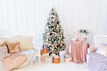 Traditional living room with Christmas tree and gifts