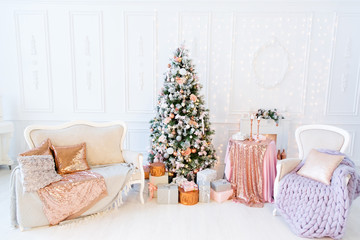 Traditional living room with Christmas tree and gifts