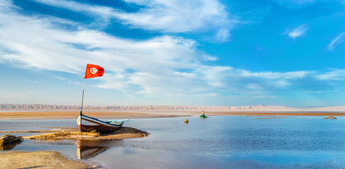 Boat on Chott el Djerid, a dry lake in Tunisia