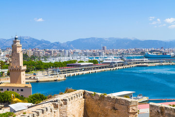 Naklejka na ściany i meble Panoramic skyline view Palma Mallorca harbor in blue sky. 