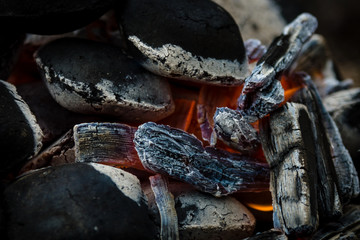 The hot charcoal and fire. Background.