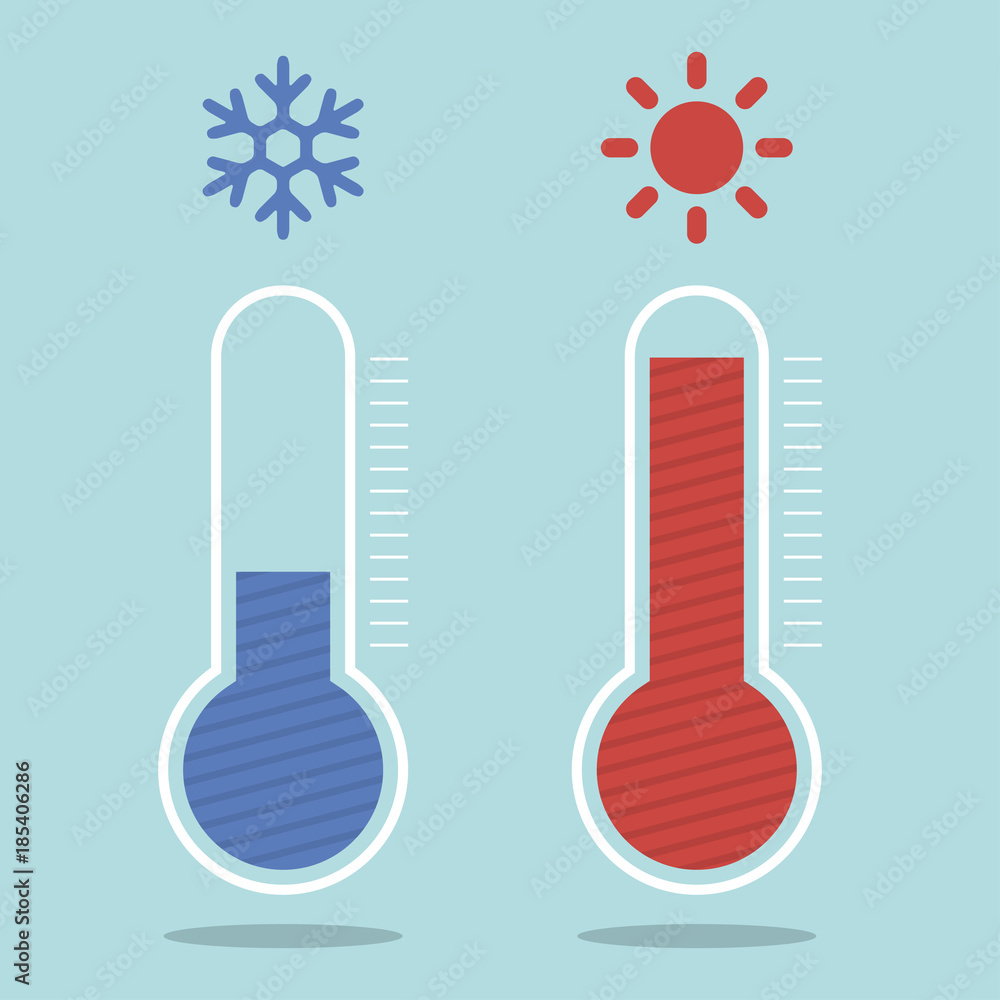 Aufkleber thermometers in flat style, cold and hot temperature, design element on color background. vector des
