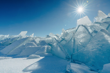 View on and through ice on frozen fields of Lake Baikal