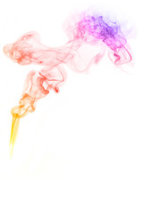 Coloured stream smoke on white background swirls up.