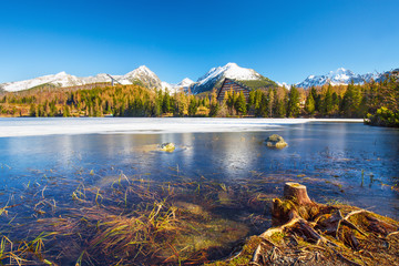 Mountain lake Strbske pleso in National Park High Tatras, Slovakia, Europe