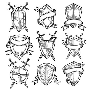 Blank or empty shields with swords and ribbons.