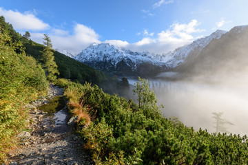 Fototapeta na wymiar misty morning view in wet mountain area in slovakian tatra. tourist hiking trail