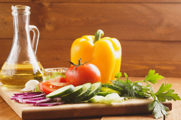 Vegetables for salad, vegetable oil, greens.