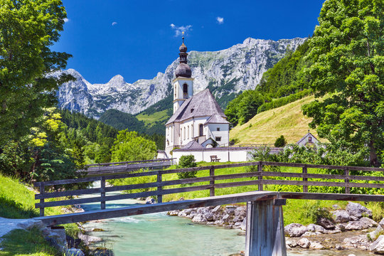 Scenic mountain landscape in the Bavarian Alps and famous Parish Church of St. Sebastian in the village of Ramsau in falltime, Nationalpark Berchtesgadener Land, upper Bavaria, Germany