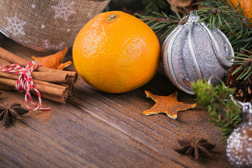 Fresh Tangerines with spices and Christmas decor