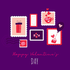 Happy valentines day card with stamps in cute flat style with flowers and envelope, coffee cup in pink color