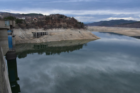 Polluted and almost emty Topolnitsa Dam Lake near Muhovo village, Bulgaria