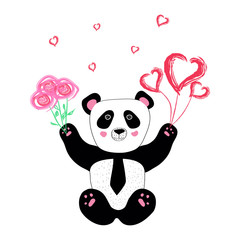 Cute panda hand drown character. Panda bear Valentine in a tie with flowers and balloons hearts. Doodle panda icons, Asian Bear images for little kids, for greeting card. AI10