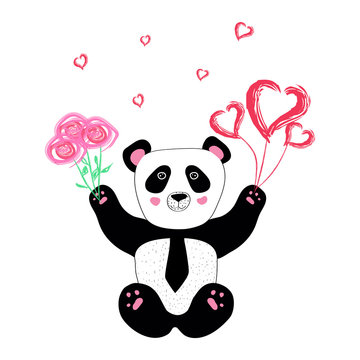 Cute panda hand drown character. Panda bear Valentine in a tie with flowers and balloons hearts. Doodle panda icons, Asian Bear images for little kids, for greeting card. AI10