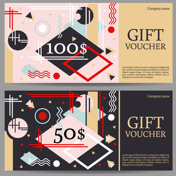 Gift voucher template with modern abstraction pattern. Horizontal orientation. Vector
