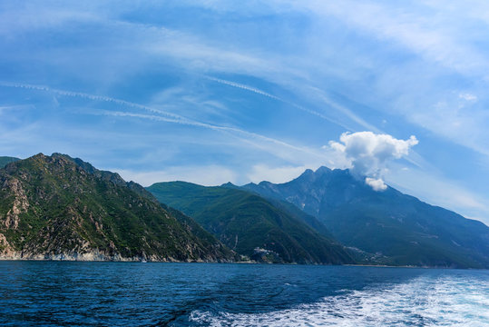 Panorama of Holy Mount Athos viewed from sea