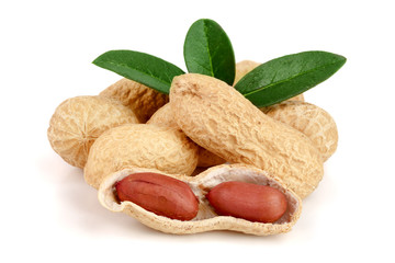 peanuts with leaf isolated on white background