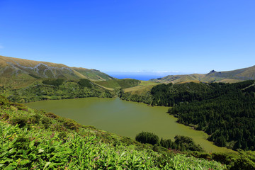 Fototapeta na wymiar Lake Fonda on Flores Island, Azores, Portugal, Europe