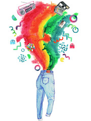 Watercolor Retro 1980s Objects and Splash Illustration Background. Watercolor hand drawn vibrant retro composition with retro objects and memphis elements. Boombox, camera, jeans and a music tape.