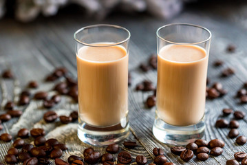 Shots of cream liqueur with coffee beans