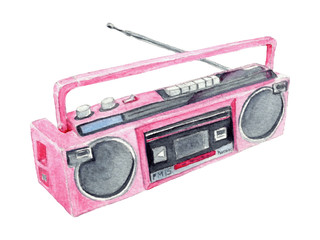 Watercolor Pink Retro Boombox Iillustration. Watercolor hand drawn vibrant retro boombox playing music from 1980's.
