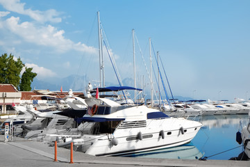 Beautiful view of modern boats at pier