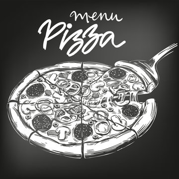 Italian pizza , drawn in white chalk on a black background, Pizza design template, logo, hand drawn vector illustration realistic sketch