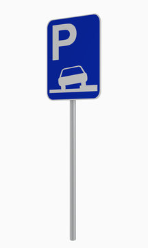 Deutsches Verkehrsschild: Parken auf Gehweg erlaubt, auf weiß isoliert.