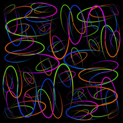 Colorful glowing circles on a black background. Neon background of electric rings.
