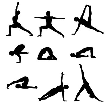 Yoga asanas black silhouettes positions isolated on a white background