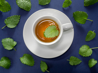 White cup of mint tea with meant leaves on blue background.