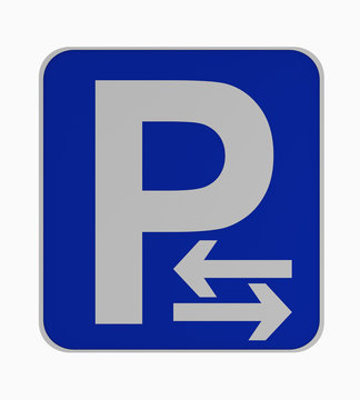 Deutsches Verkehrsschild: Parken rechts und links erlaubt, auf weiß isoliert.