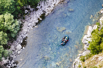 rafting along the mountain river Tara, view from above
