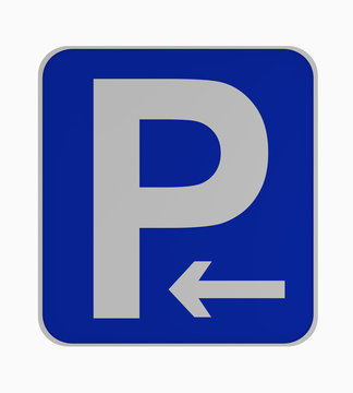 Deutsches Verkehrsschild: Parken links erlaubt, auf weiß isoliert.