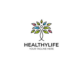 Colorful Tree and People Logo Template. Line Tree and Leaf Vector Design. Colorful Illustration
